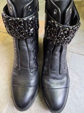 Karl Lagerfeld Black Leather Ankle Boots with Jeweled Strap